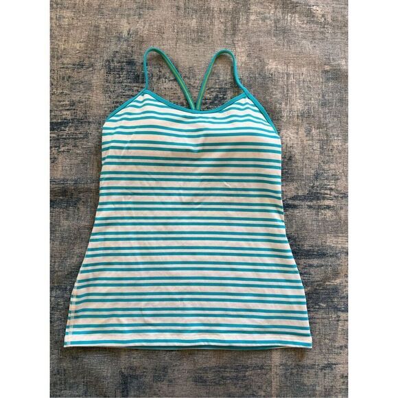 Lululemon Power Y Twin Stripe Spry Blue White Athletic Tank Top Size 10 - Picture 1 of 6